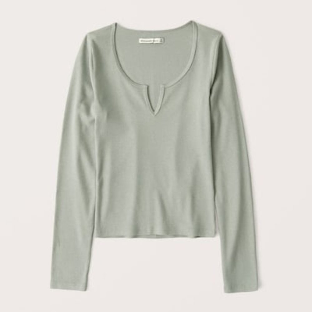 Abercrombie & Fitch Long Sleeve Ribbed Notch-Neck Top